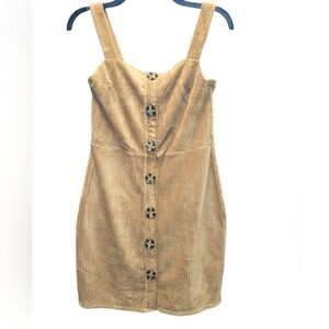 Retro Camel Corduroy Dress - Faux Button Front